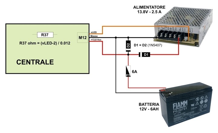 Collegamento dell'alimentatore alla Centrale Antifurto