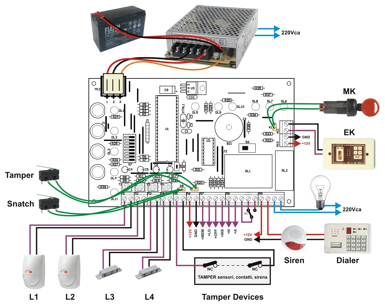 4 zone burglar alarm control panel centrale antifurto a 4 zone Impianto allarme