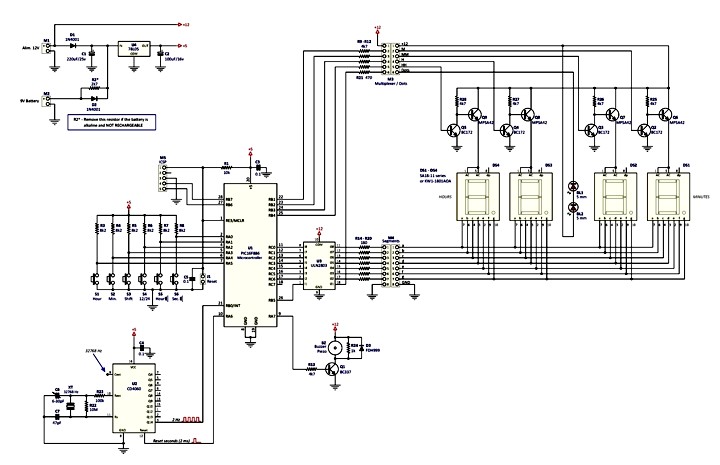 Full Schematic diagram of Large Digital Clock with PICmicro