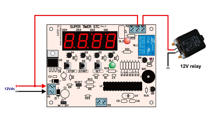 Esempio di collegamento di un relè di potenza esterno (con bobina a 12V)
