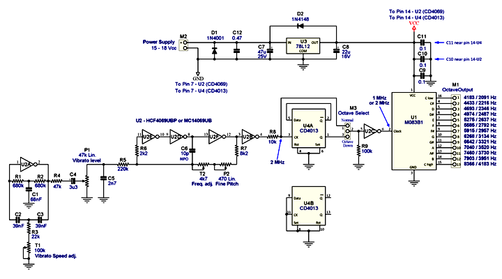 13 Note Top Octave Synthesizer with M083/MK50240/M082/MK50241/S50244 - Schematic Diagram